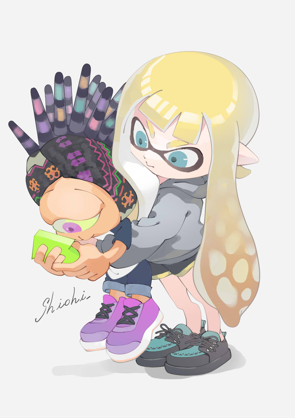 1boy, 1girl, aqua_footwear, artist_name, bandana, bangs, blonde_hair, blue_eyes