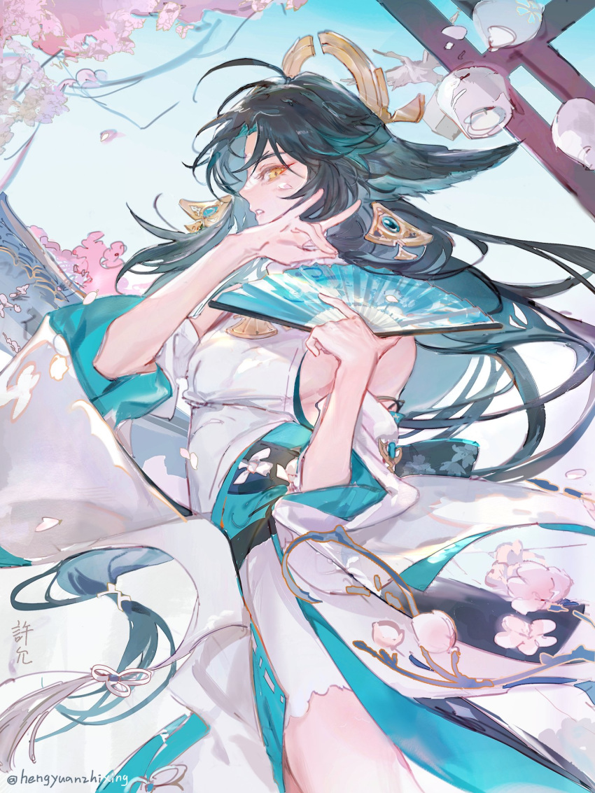 1boy, ahoge, alternate_hair_color, animal_ears, bangs, bare_shoulders, check_commentary, cherry_blossoms