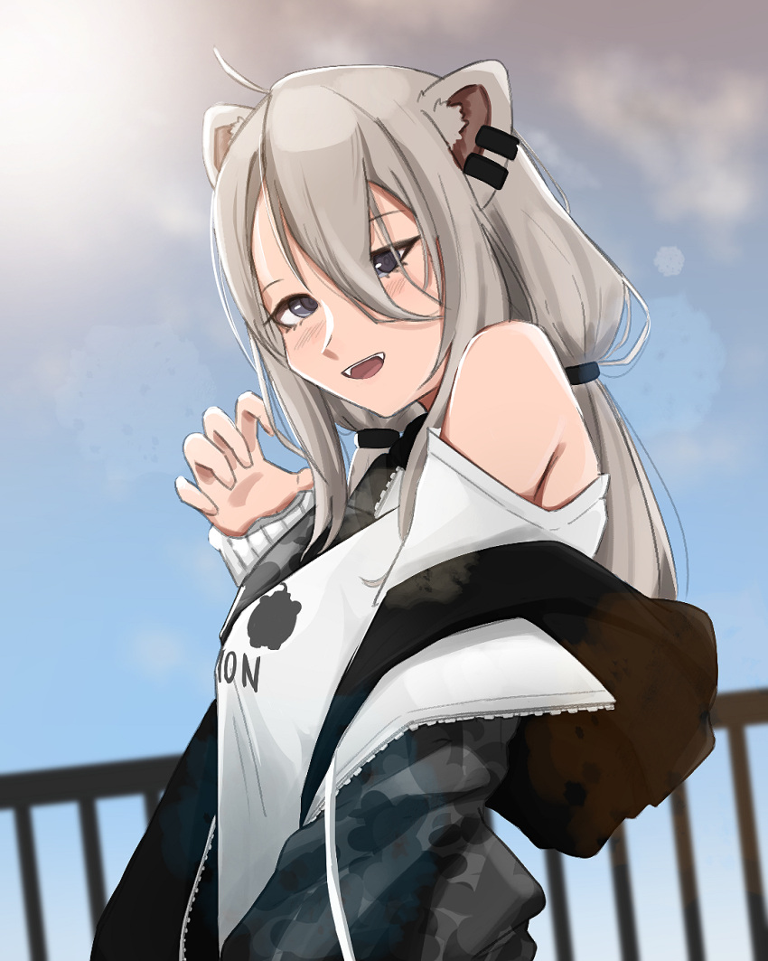 1girl, ahoge, animal_ears, black_jacket, blush, breasts, claw_pose, clothes_writing