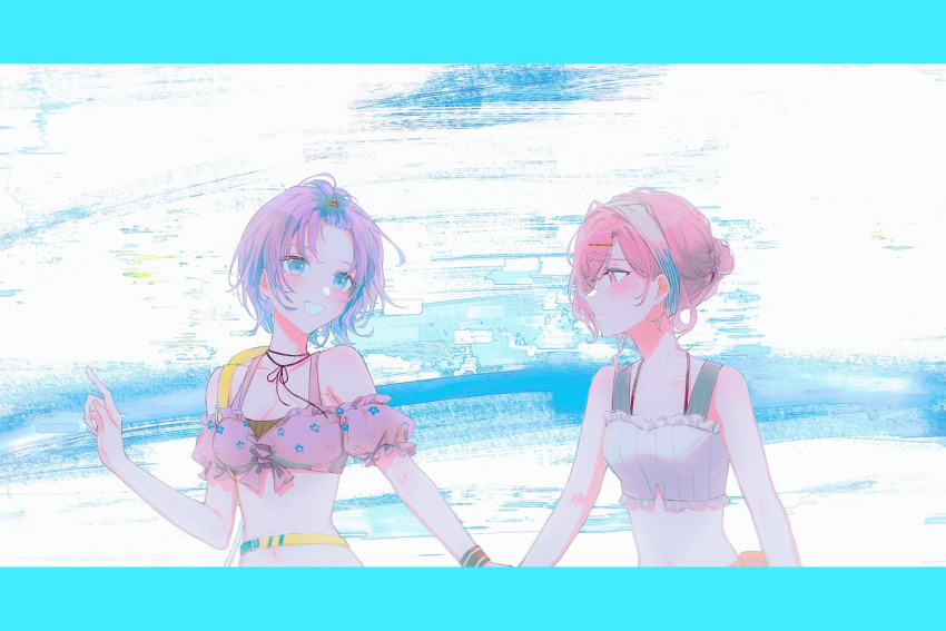 2girls, ahoge, asakura_toru, bare_shoulders, bikini, blue_eyes, brown_hair, commentary_request
