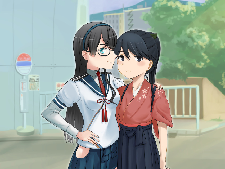 2girls, absurdres, black_eyes, bus_stop, hairband, hakama, hakama_skirt, hashijiro_kou