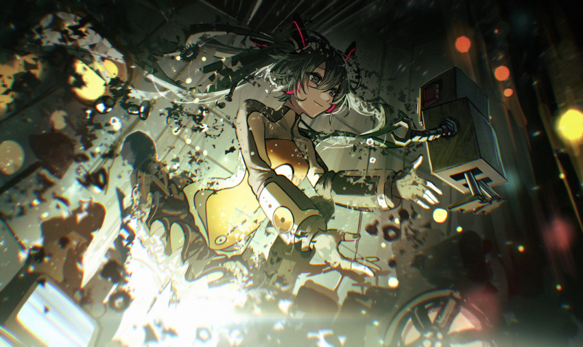1girl, 3others, aqua_eyes, aqua_hair, aqua_nails, black_skirt, blurry, bodysuit