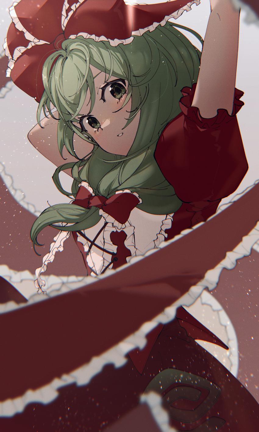1girl, absurdres, arms_up, bangs, bow, commentary, cowboy_shot, dress