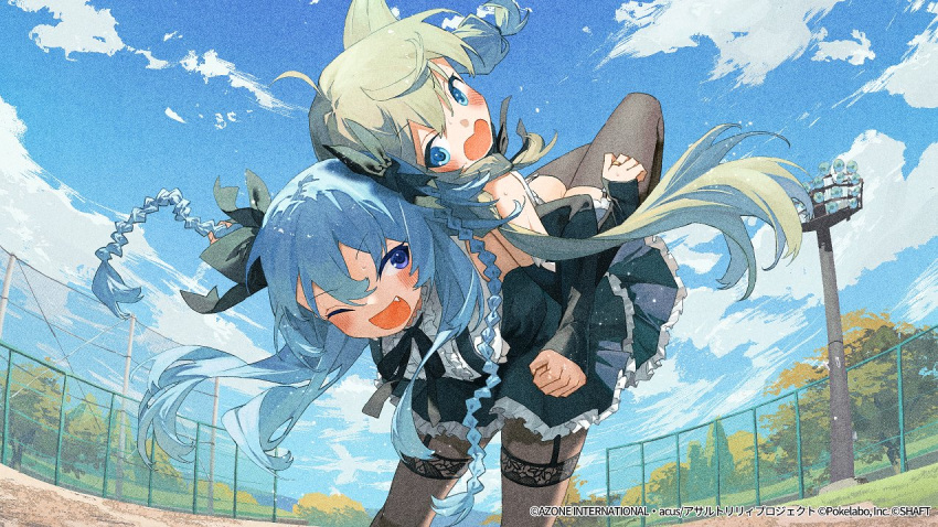 2girls, ;d, ahoge, assault_lily, assisted_stretching, back-to-back, bangs, bare_shoulders