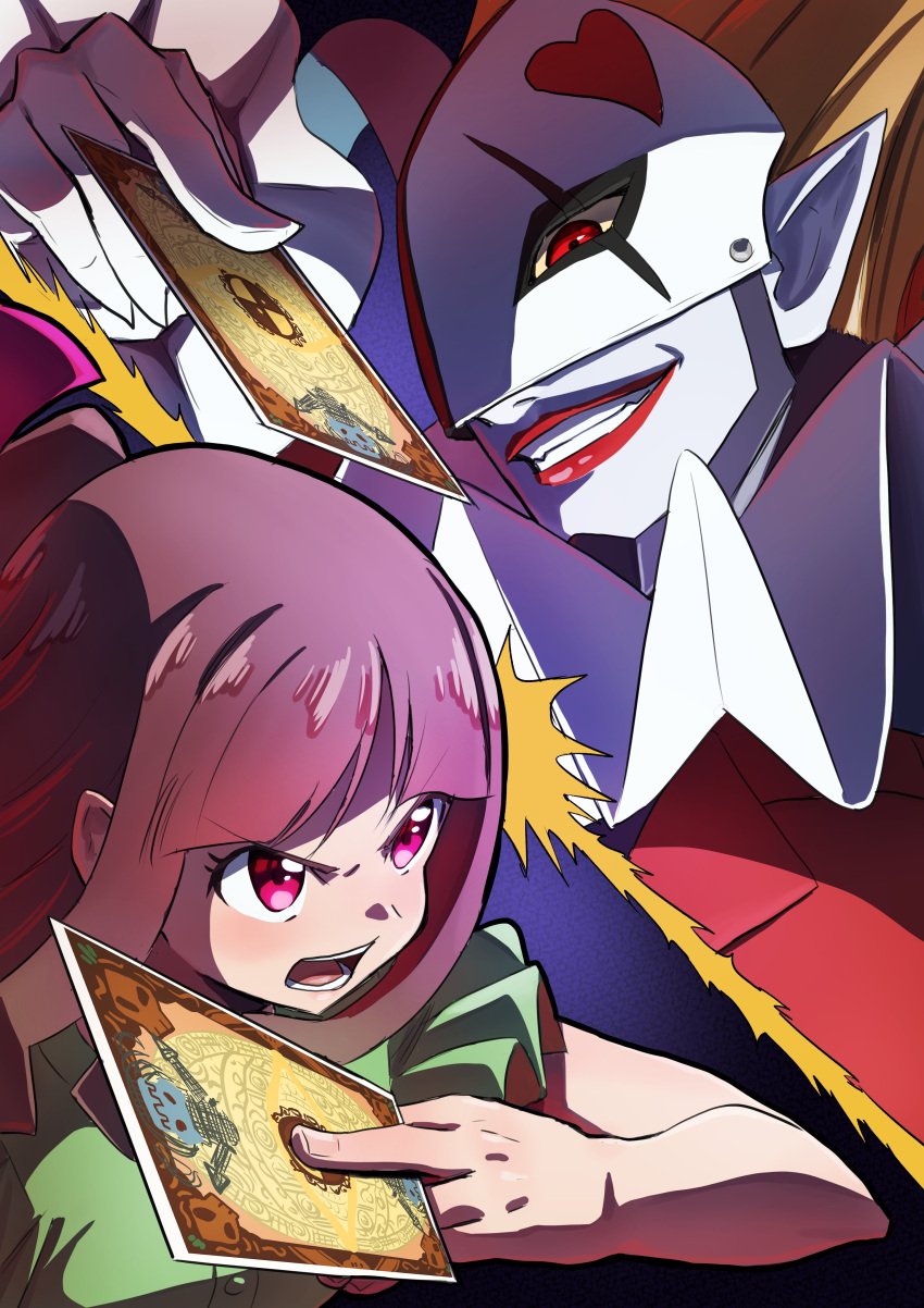 1boy, 1girl, absurdres, bangs, blonde_hair, card, digimon, digimon_(creature)