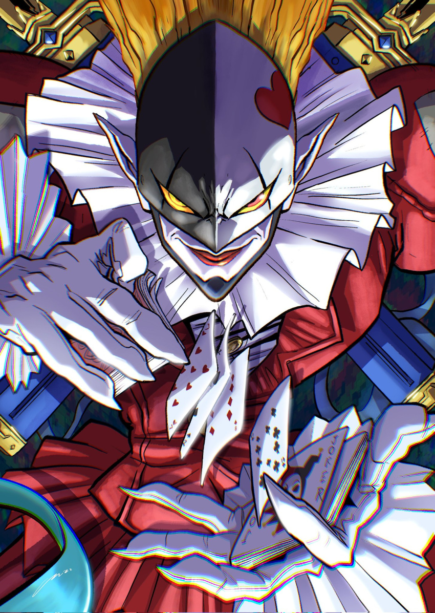 1boy, card, carloromeroart, clothing_request, clown, colored_sclera, digimon, digimon_(creature)