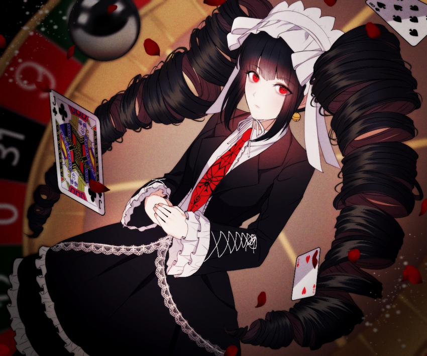 1girl, ball, bangs, black_hair, black_jacket, blurry, blurry_background, bonnet