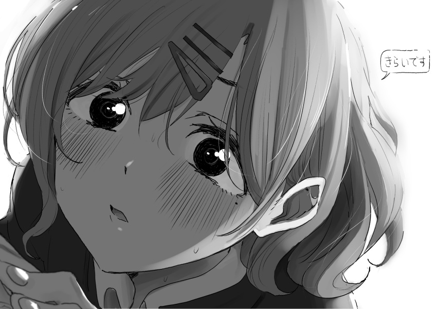 1girl, bangs, blush, close-up, commentary_request, greyscale, hair_ornament, hairclip