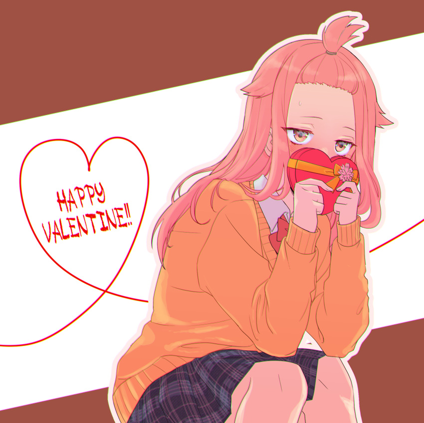 1girl, blush, bow, bowtie, box, box_of_chocolates, brown_background, brown_eyes