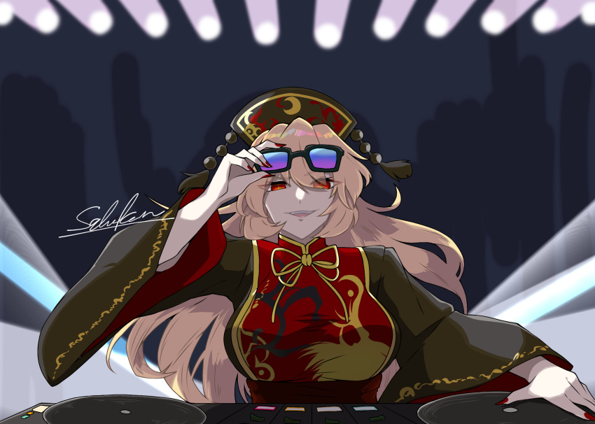 1girl, bangs, black_dress, blonde_hair, breasts, commentary_request, dj, dress, eyes_visible_through_hair, eyewear_on_head, hair_between_eyes, highres, junko_(touhou), large_breasts, long_hair, long_sleeves, looking_at_viewer, neck_ribbon, open_mouth, phoenix_crown, ribbon, saba_no_kanzume, smile, solo, sunglasses, tabard, tinted_eyewear, touhou, turntable, upper_body, wide_sleeves, yellow_ribbon