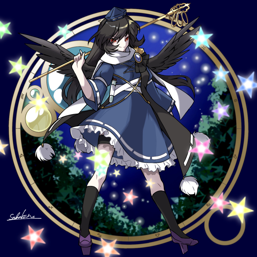 1girl, bangs, black_hair, black_socks, black_wings, blue_dress, blue_gemstone, closed_mouth