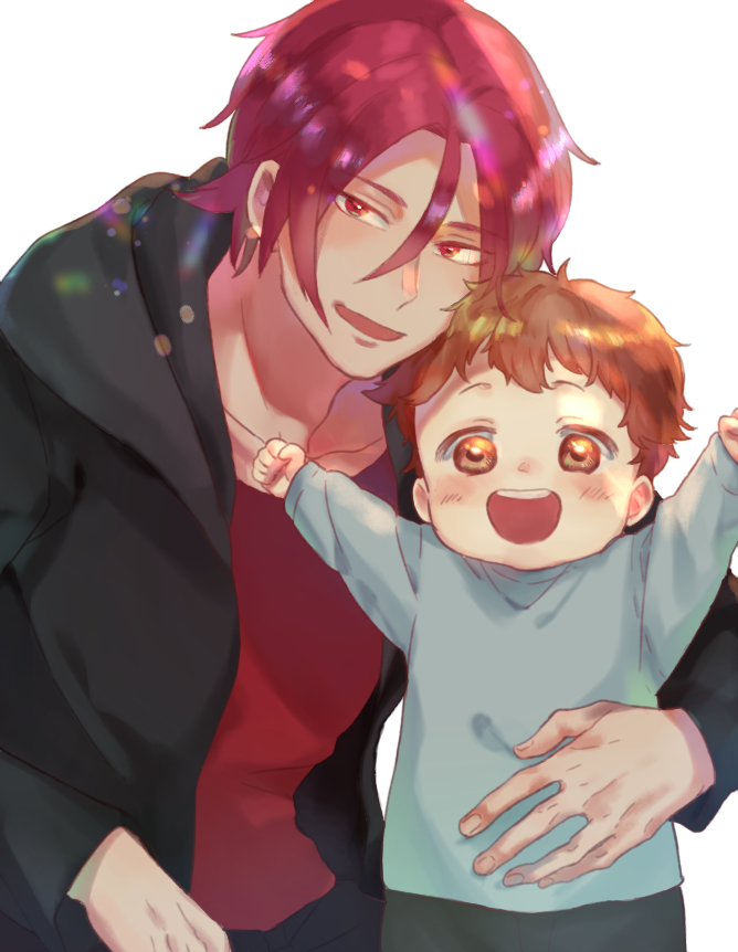2boys, aged_down, akamatsu_(etra-chan_wa_mita!), arms_up, bangs, black_hoodie, blue_shirt, blush, brown_eyes, brown_hair, child, collarbone, commentary_request, etra-chan_wa_mita!, hair_between_eyes, hige_sukiyo, hood, hoodie, katsura_(etra-chan_wa_mita!), long_sleeves, male_child, multiple_boys, open_clothes, open_hoodie, open_mouth, red_eyes, red_shirt, redhead, shirt, short_hair, simple_background, teeth, upper_teeth, white_background