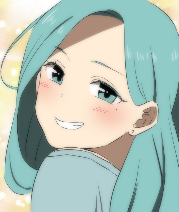 1girl, aqua_eyes, aqua_hair, aqua_shirt, blush, etra-chan_wa_mita!, long_hair, looking_at_viewer