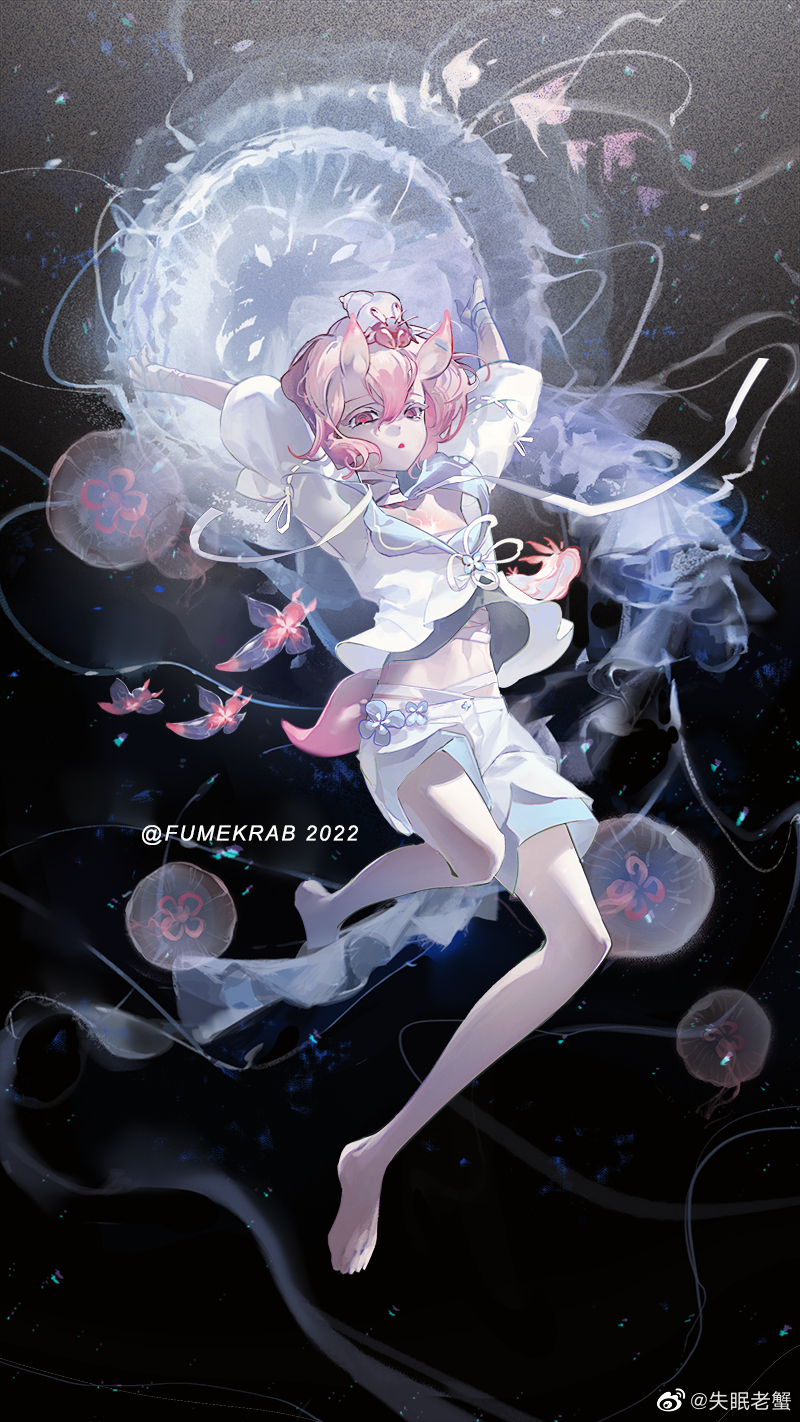1girl, barefoot, film_grain, flower, full_body, hands_up, highres, jellyfish, jellyfish_costume, jellyfish_girl, krab_(fumekrab), looking_at_viewer, monster_girl, open_mouth, original, parted_lips, pink_eyes, pink_hair, underwater