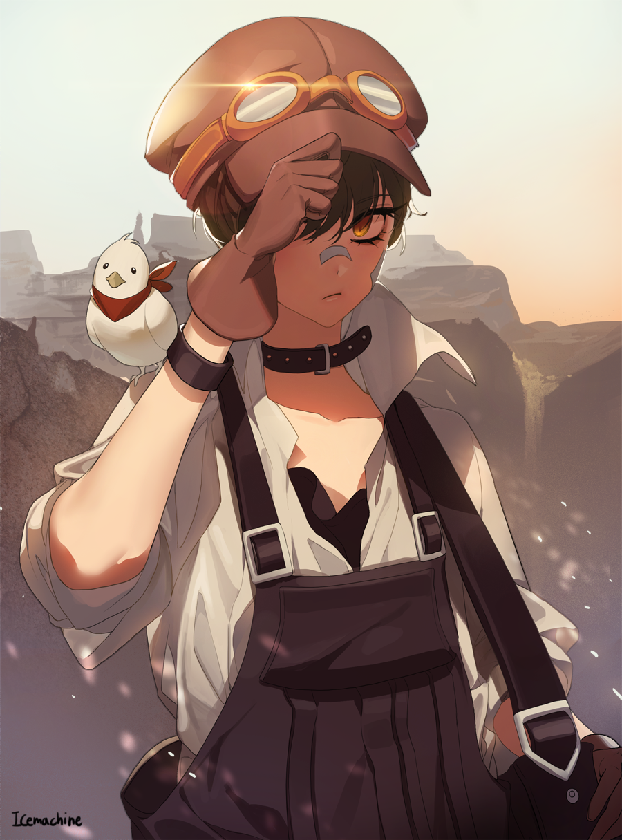 1girl, animal, animal_on_shoulder, bag, bandaid, bandaid_on_cheek, bandaid_on_face, bandaid_on_nose, bird, bird_on_shoulder, black_bag, black_bracelet, black_collar, black_overalls, bracelet, brown-framed_eyewear, brown_gloves, brown_hair, brown_headwear, closed_mouth, collar, collarbone, debris, eyelashes, glint, gloves, goggles, hand_on_headwear, hat, highres, jewelry, light_particles, long_eyelashes, original, outdoors, overalls, sai4898, short_hair, signature, sleeves_rolled_up, yellow_eyes