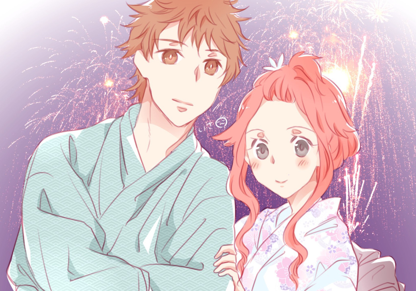 1boy, 1girl, bangs, black_eyes, blush, brown_eyes, brown_hair, closed_mouth