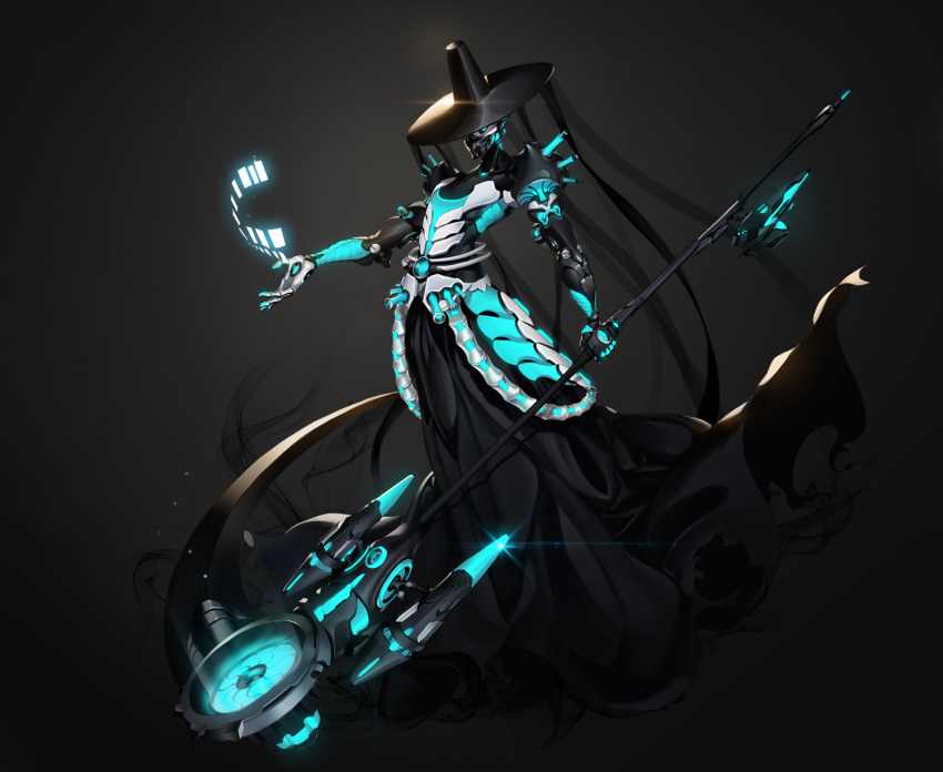 1boy, android, black_hair, black_headwear, black_robe, black_sclera, blue_eyes, cable