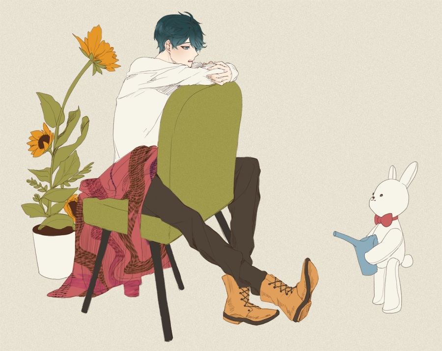 1boy, black_pants, blanket, boots, bow, brown_footwear, chair, film_grain