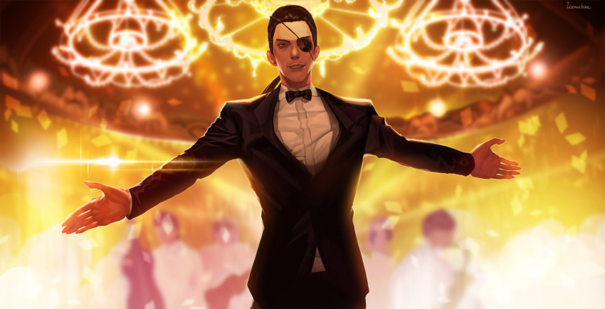 1boy, 6+others, backlighting, black_bow, black_hair, bow, brown_eyes, chandelier
