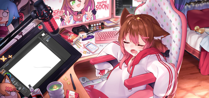 absurdres, ahoge, animal_ear_fluff, animal_ears, apple, bangs, bed, bird, blue_hair, blunt_bangs, blush, book, brown_hair, cellphone, chair, closed_eyes, cup, desk, drawing_tablet, drawstring, duck, english_text, fang, fish_hair_ornament, flower, food, fruit, green_eyes, green_tea, hair_ornament, highres, hood, hoodie, indie_virtual_youtuber, kazoo, keyboard_(computer), knife, long_hair, long_sleeves, microphone, monitor, mug, multicolored_hair, nacu_(vtuber), nintendo_switch, open_mouth, orange_hair, outline, phone, pillow, pink_hair, playstation_controller, pocky, pon_fresh, reclining, sitting, sleeping, sleeves_past_wrists, smartphone, stuffed_toy, stylus, tea, two-tone_hair, unicorn, upper_body, virtual_youtuber, white_outline, wooden_floor