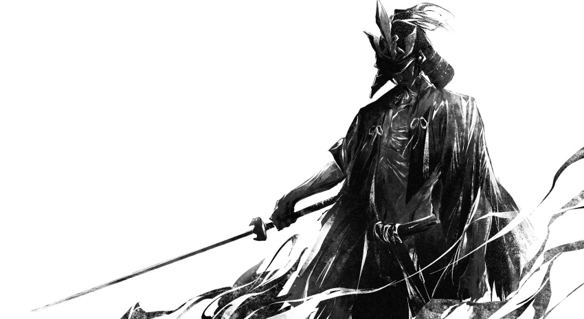 1boy, armor, ashina_isshin, beard, facial_hair, greyscale, helmet, highres