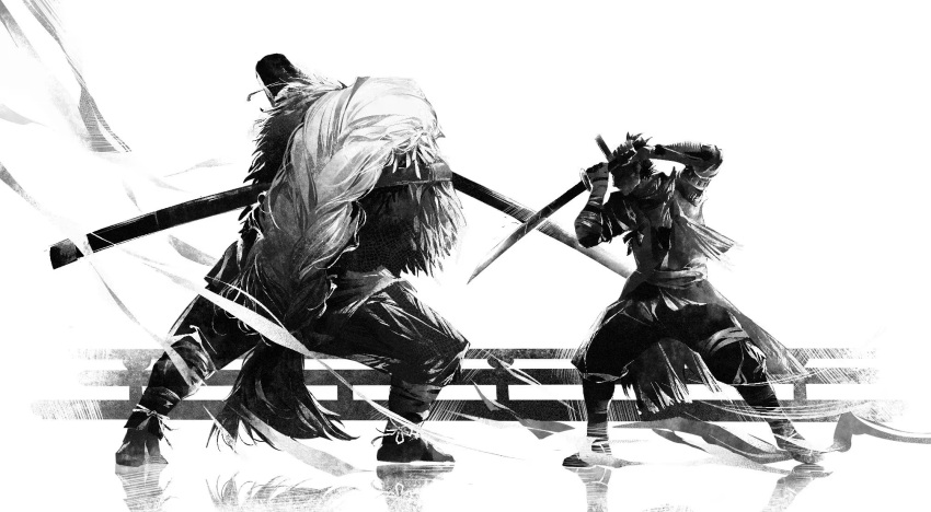 2boys, bangs, braid, feather-trimmed_jacket, fighting, from_side, great_shinobi_owl, greyscale