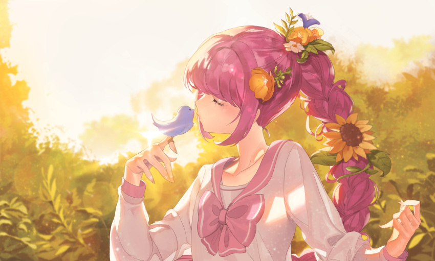 1girl, animal, animal_on_finger, bird, bird_on_hand, blue_flower, blurry, blurry_background