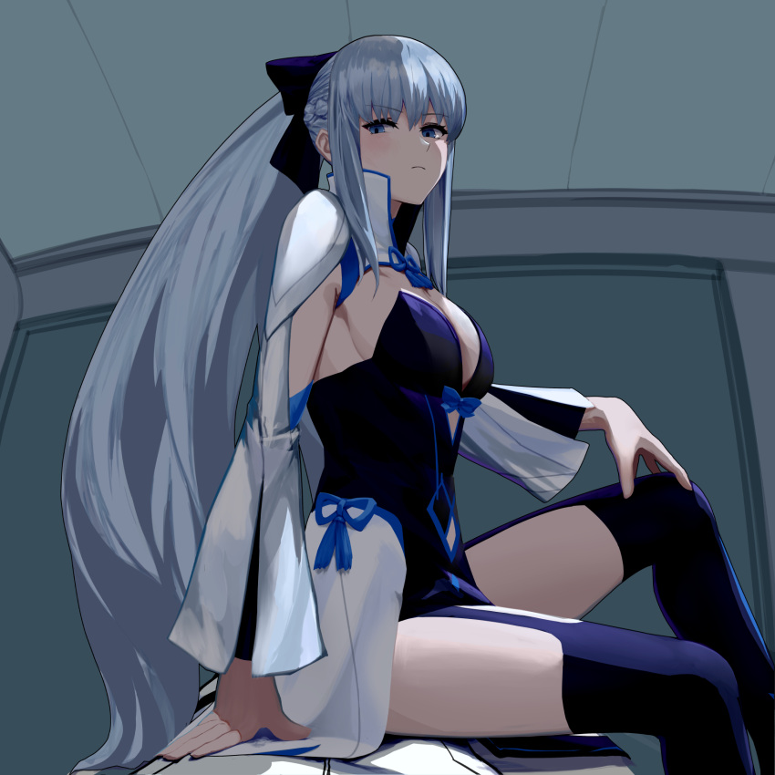 1boy, 1girl, bed_sheet, black_bow, blue_eyes, bow, braid, center_opening