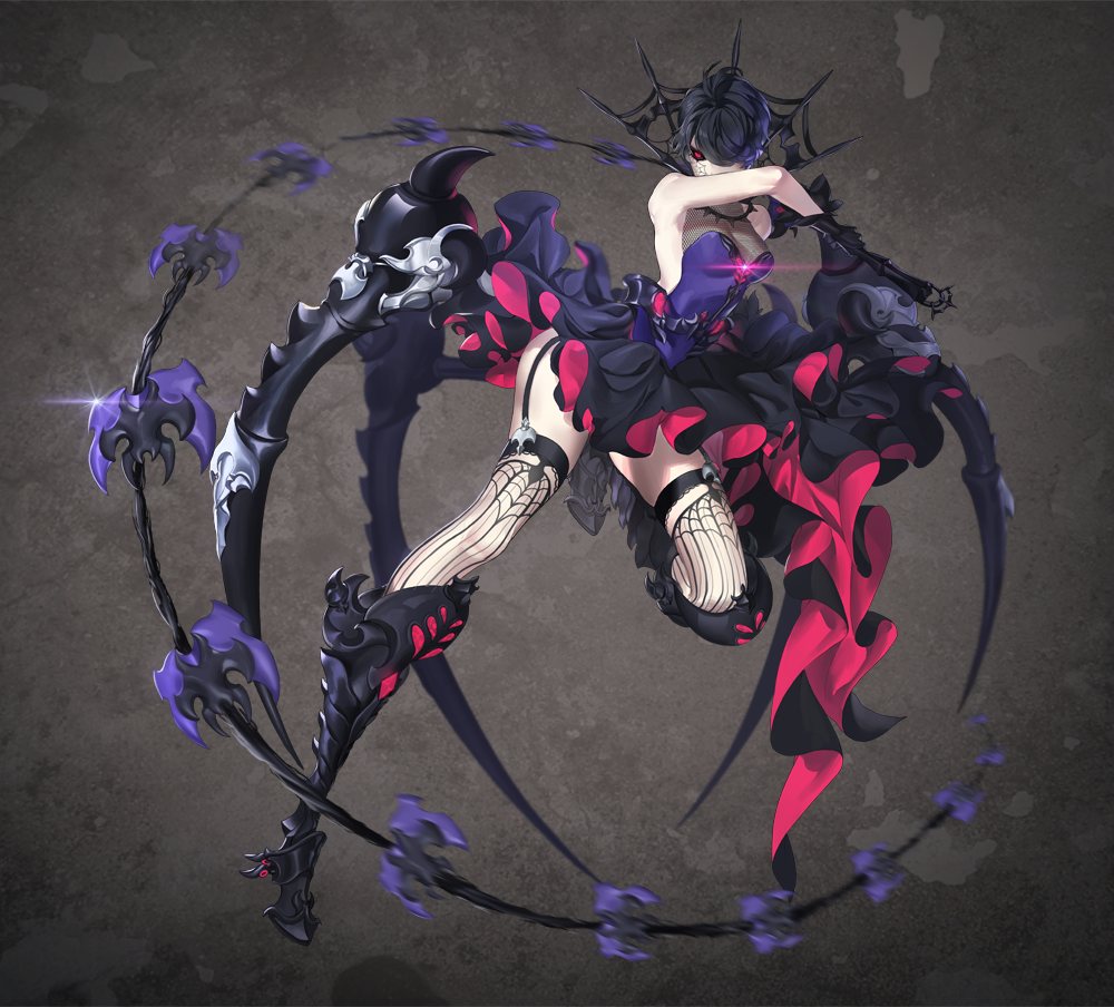 1girl, antenna_hair, arm_behind_back, armor, arthropod_limbs, bare_shoulders, black_armor, black_dress