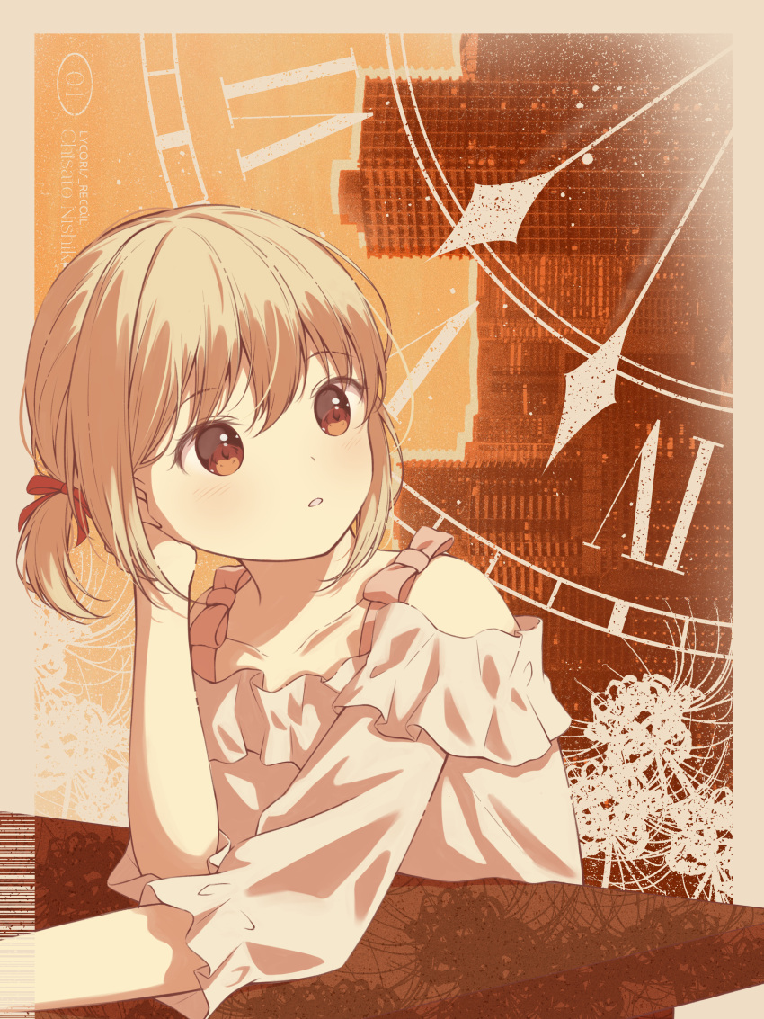1girl, :o, absurdres, awomomiji, blonde_hair, clock, collar, copyright_name