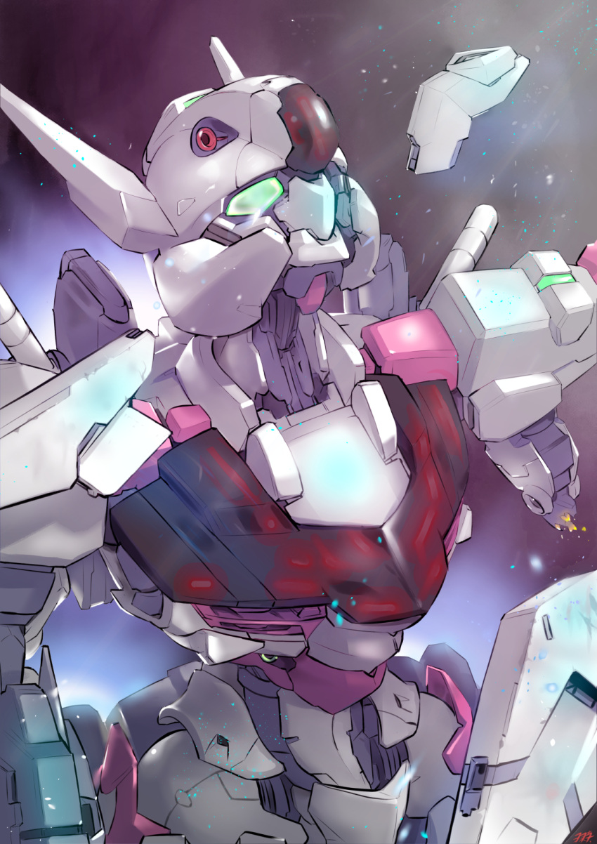 damaged, green_eyes, gun, gundam, gundam_lfrith, gundam_suisei_no_majo, highres, holding