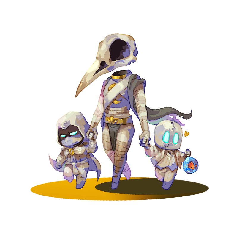 3boys, animal_skull, bandaged_arm, bandaged_leg, bandages, black_scarf, blue_eyes, cape