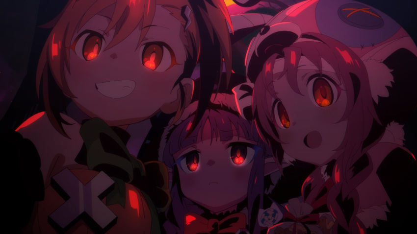 3girls, animal_hat, artist_request, bandaged_head, bandages, bangs, bow, braid