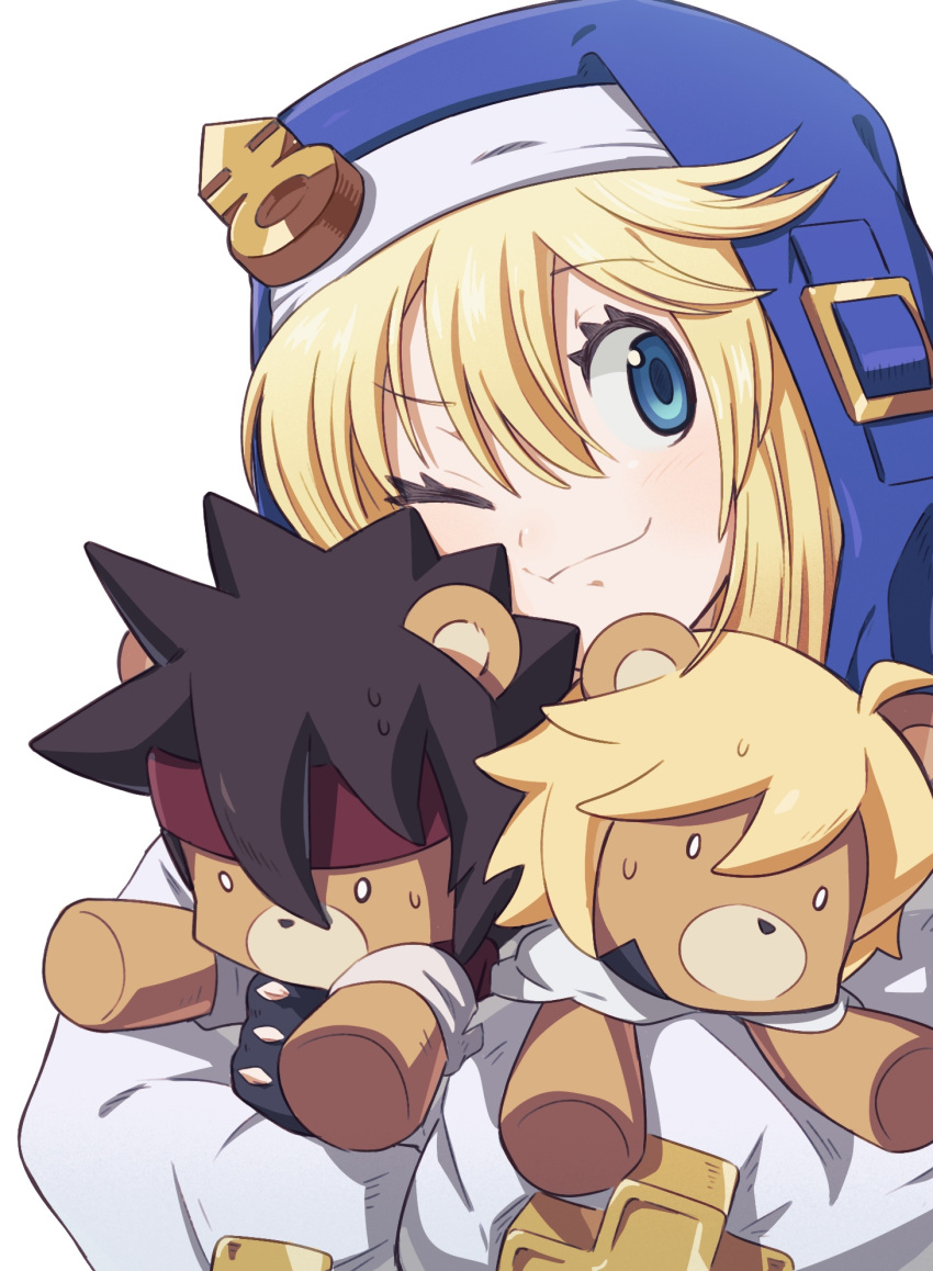 1girl, androgyne_symbol, bangs, bbhdrrr, black_gloves, blonde_hair, blue_eyes, bridget_(guilty_gear)