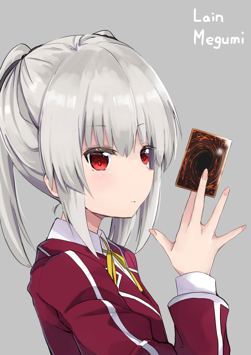 1girl, absurdres, amano_kouki, bangs, between_fingers, card, character_name, closed_mouth