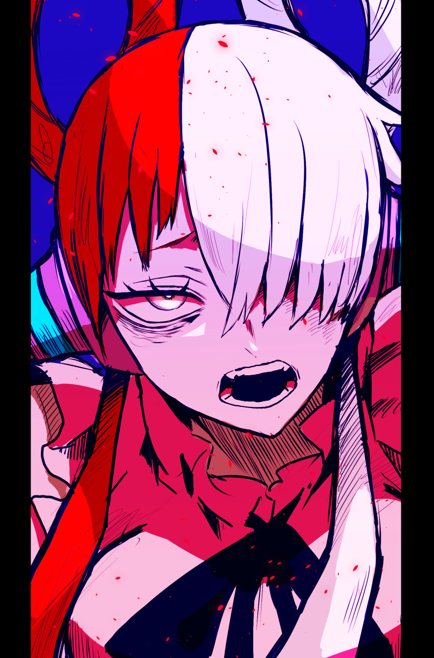 1girl, absurdres, angry, bangs, black_ribbon, breasts, dress, eyelashes, hair_over_one_eye, hair_rings, headphones, highres, itosiki_zetu, long_hair, looking_at_viewer, multicolored_hair, one_piece, open_mouth, red_pubic_hair, redhead, ribbon, split-color_hair, teeth, two-tone_hair, upper_body, uta_(one_piece), white_dress, white_hair