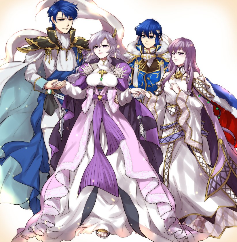 2boys, 2girls, armor, blue_eyes, blue_hair, cape, deirdre_(fire_emblem), dress