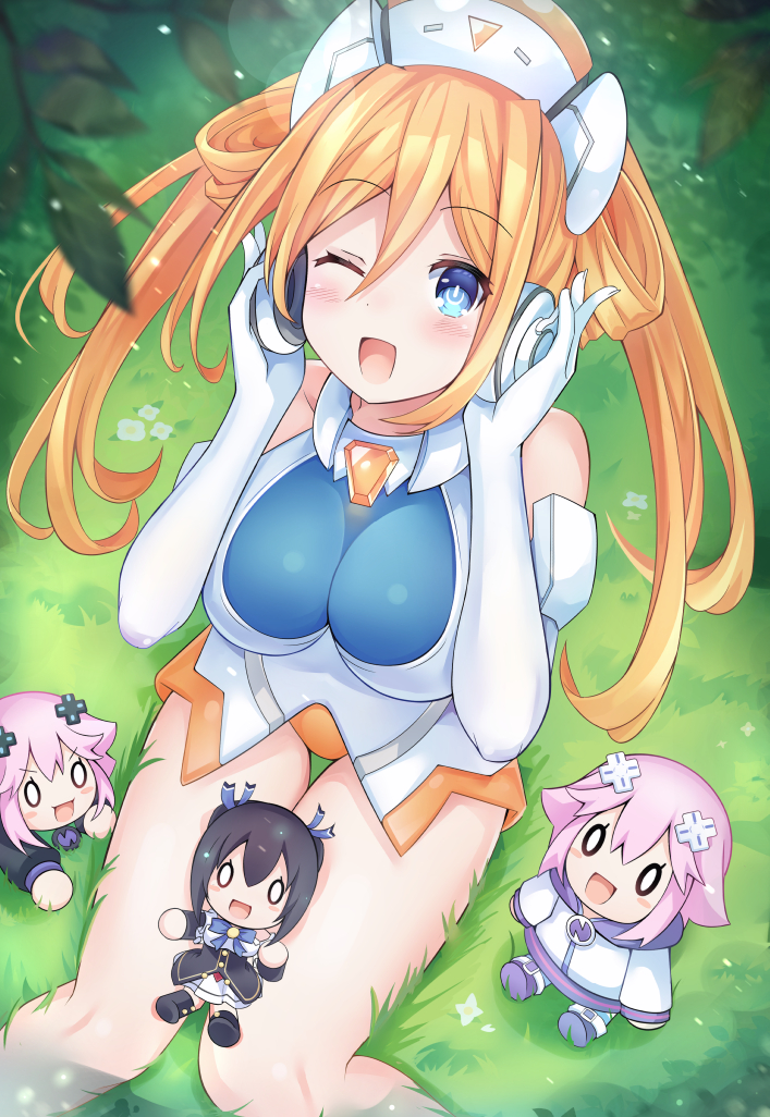 1girl, ;d, adult_neptune, bare_legs, bare_shoulders, blue_eyes, blush, breasts, character_doll, dress, elbow_gloves, from_above, giga-tera, gloves, hair_rings, hands_up, happy, hat, headphones, holding, holding_headphones, large_breasts, legs_apart, leotard, listening_to_music, long_hair, looking_at_viewer, medium_breasts, neptune_(neptune_series), neptune_(series), noire_(neptune_series), on_grass, on_ground, one_eye_closed, orange_hair, orange_heart, outdoors, shin_jigen_game_neptune_vii, sitting, smile, solo, thigh_gap, twintails, very_long_hair, white_gloves