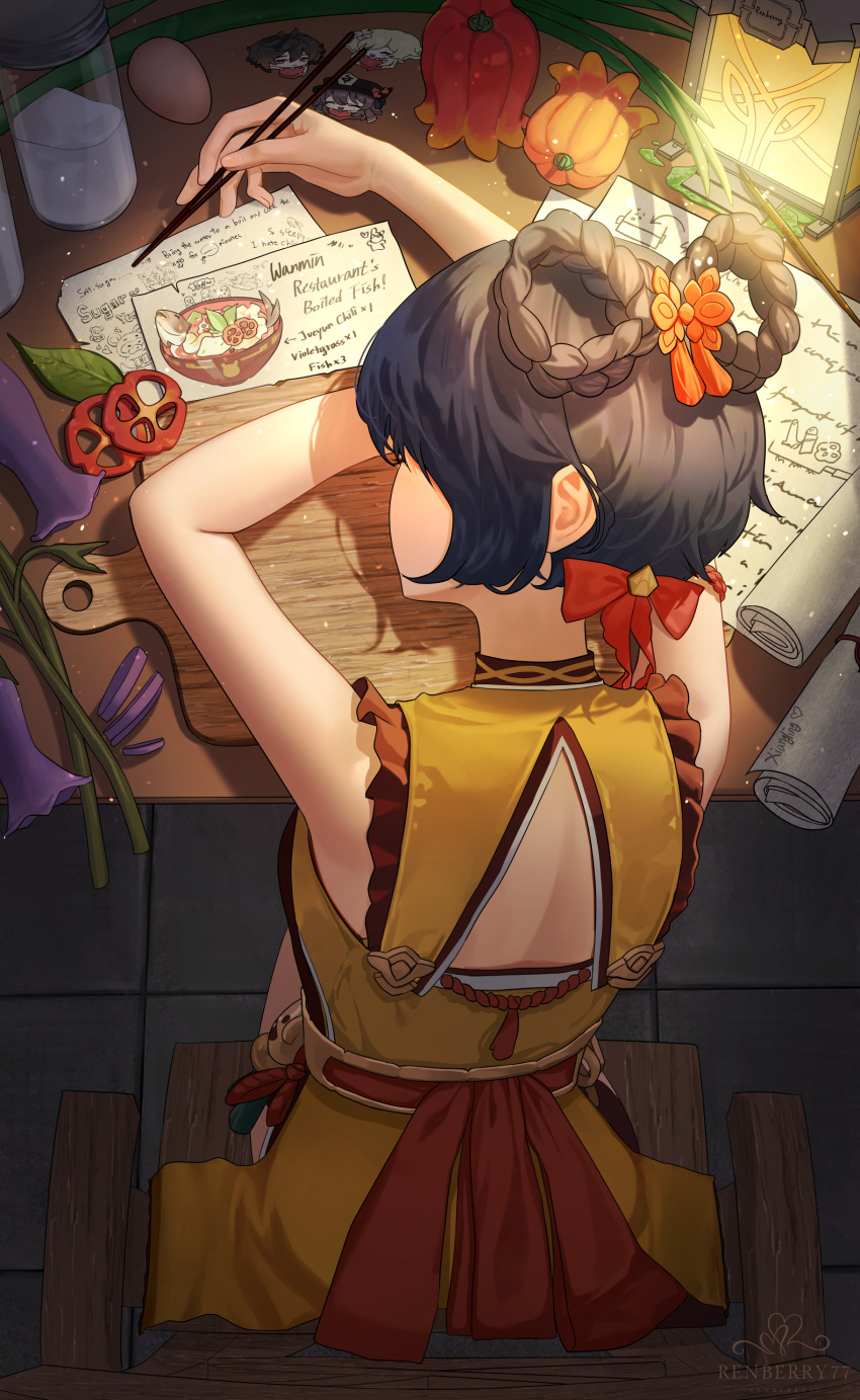 1girl, absurdres, artist_name, back_cutout, bare_arms, bell_pepper, blue_hair, bow
