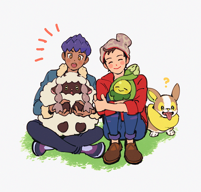 2boys, ?, beanie, black_pants, blush_stickers, bright_pupils, brown_footwear, brown_hair