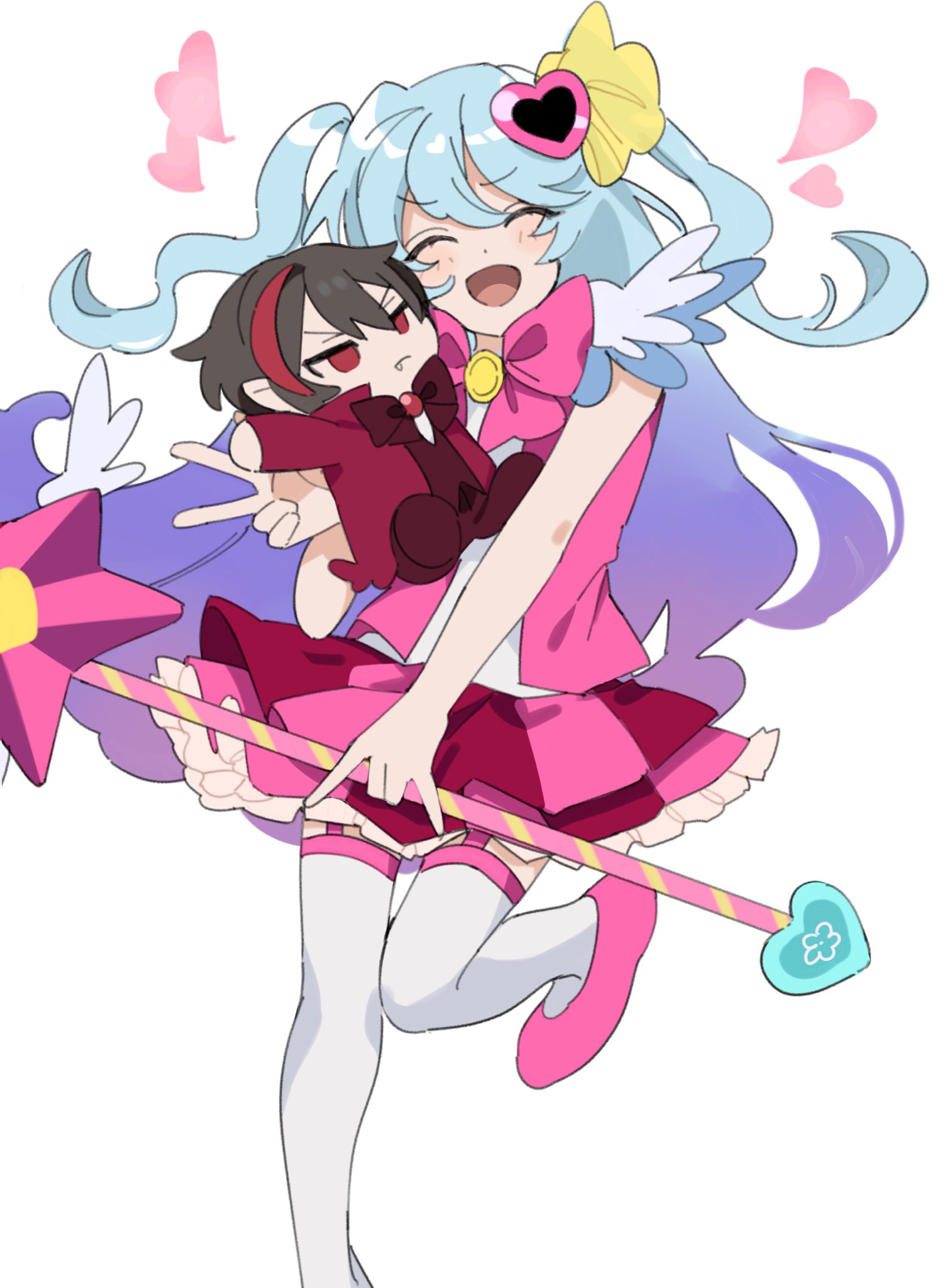 1girl, :d, ^_^, black_hair, blue_hair, bow, bowtie, character_doll