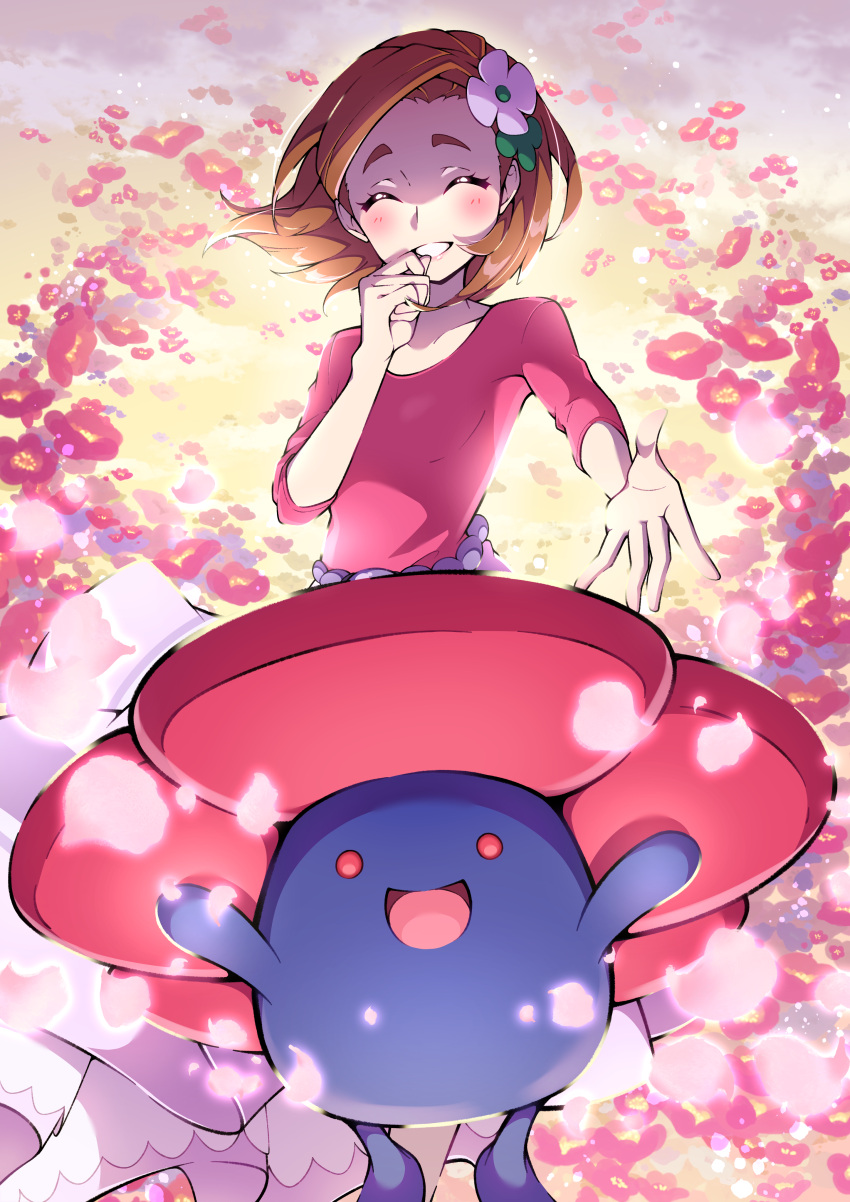 1girl, absurdres, aroma_lady_(pokemon), blush, brown_hair, closed_eyes, commentary_request, eyelashes
