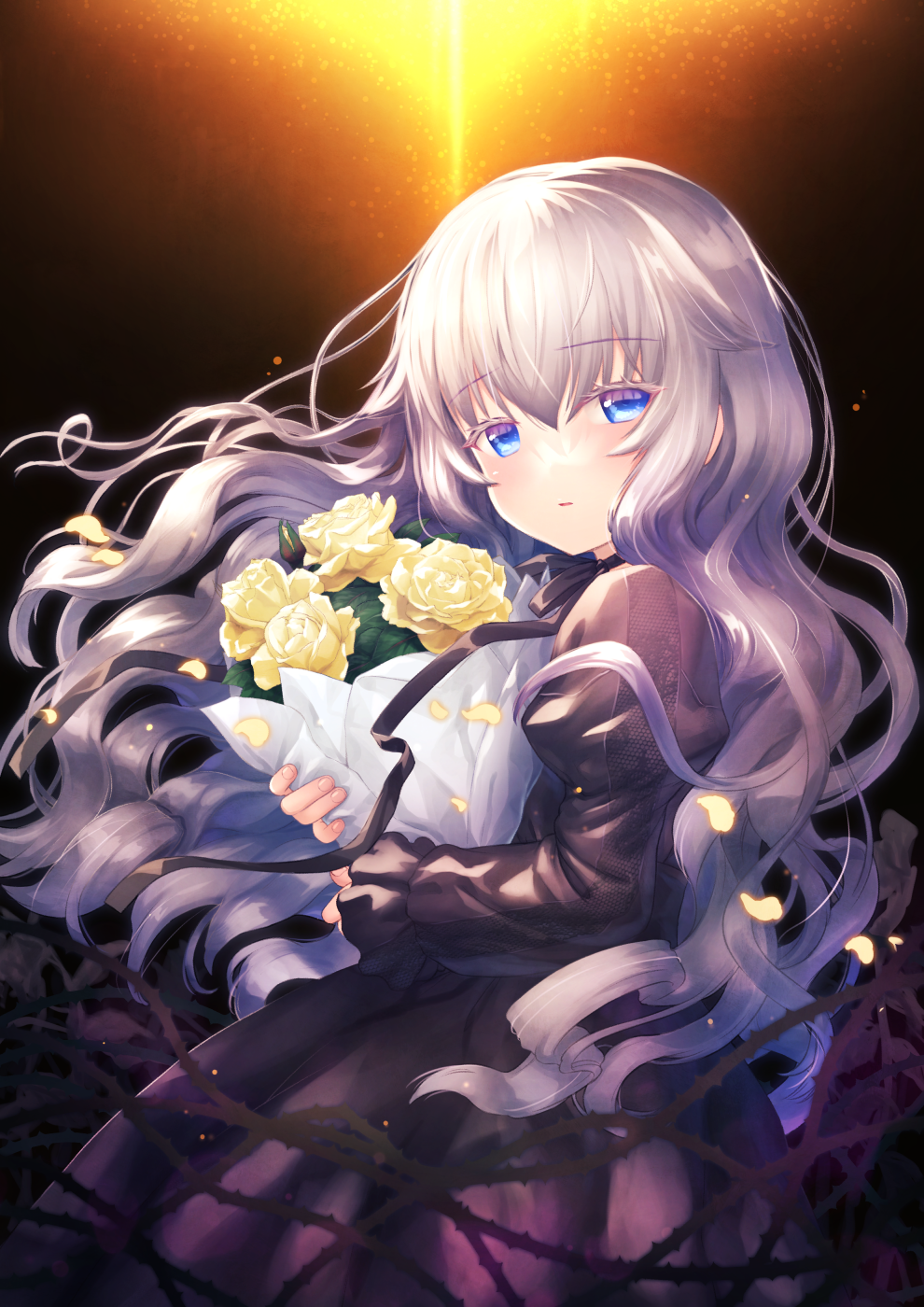 1girl, bangs, black_dress, blue_eyes, bouquet, dress, from_side, grey_hair