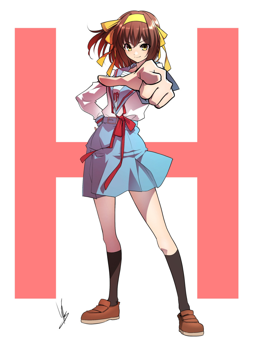 1girl, absurdres, black_socks, blue_sailor_collar, blue_skirt, brown_eyes, brown_footwear, brown_hair