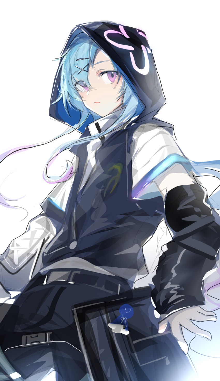 1boy, absurdres, androgynous, arknights, bishounen, black_hoodie, blue_hair, cowboy_shot