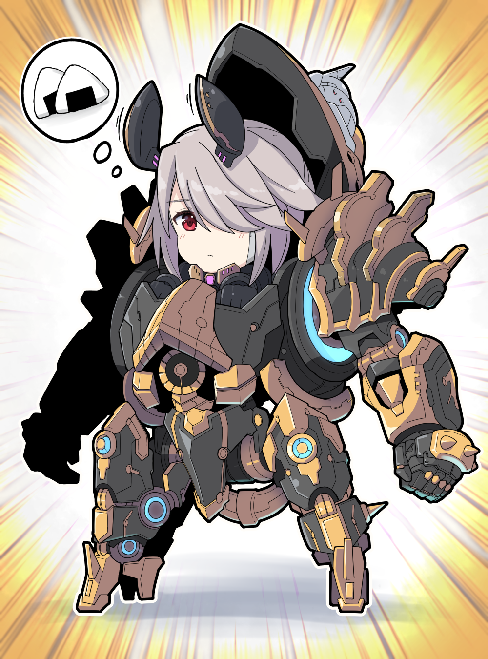 1girl, chibi, clenched_hand, emphasis_lines, food, fukkatsu_saisei_kaijin, grey_hair, hair_over_one_eye