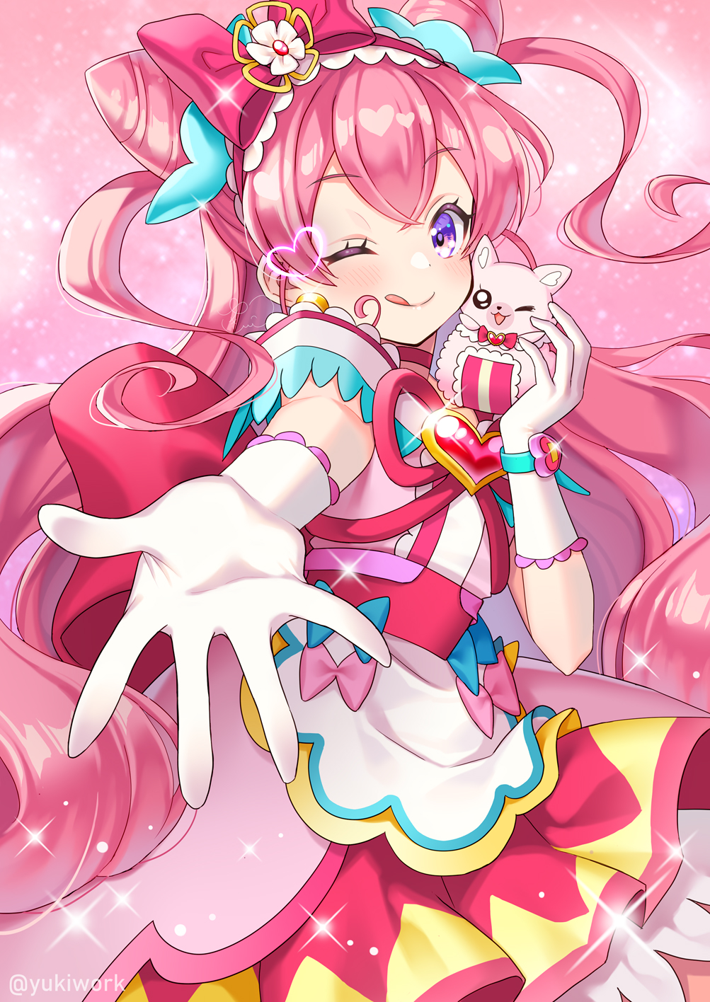 1girl, ;q, apron, back_bow, blue_bow, blush, bow, brooch