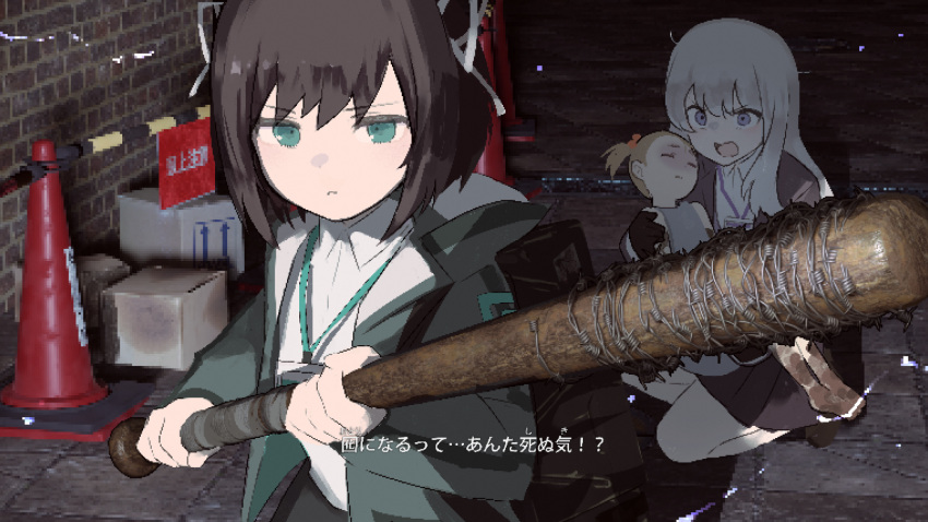 3girls, alley, bangs, barbed_wire, baseball_bat, black_hair, box, dark