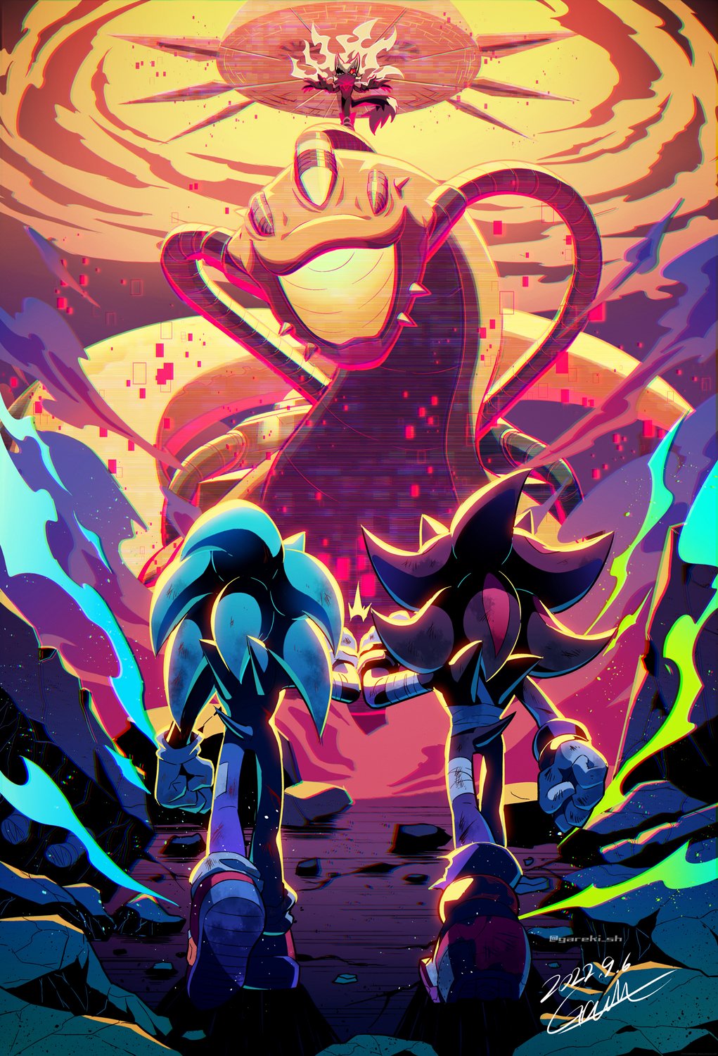 1girl, 2boys, animal, bat_girl, black_fur, blue_fur, character_request, check_character, debris, destruction, fantasy, fire, fist_bump, from_behind, furry, furry_female, furry_male, gareki_sh, giant_snake, gloves, highres, infinite_(sonic), male_focus, multiple_boys, open_mouth, oversized_animal, rouge_the_bat, rubble, sega, shadow_the_hedgehog, shoes, smoke, snake, sonic_(series), sonic_forces, sonic_the_hedgehog, tail, walking, white_gloves, wings