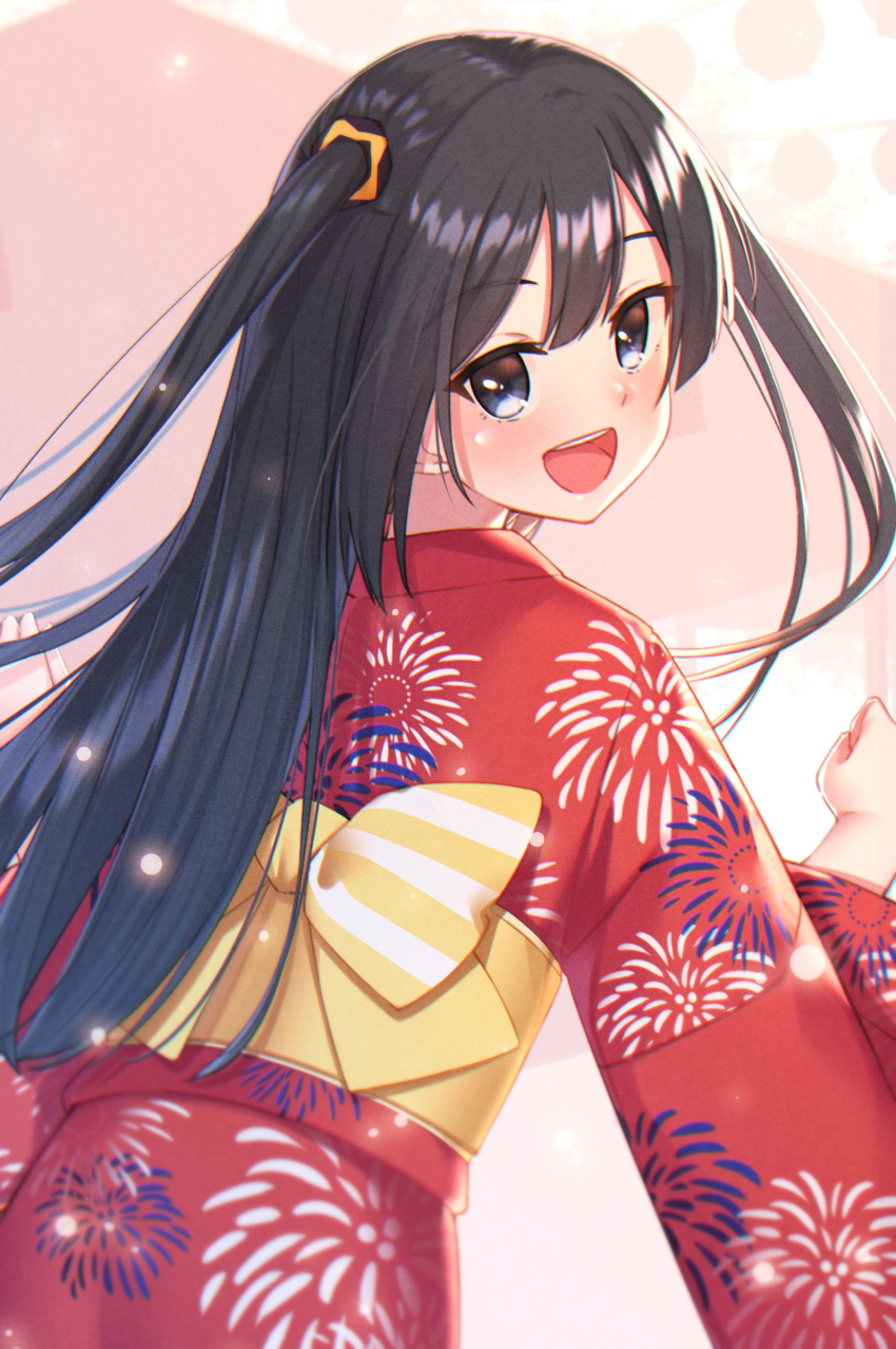 1girl, :d, absurdres, back_bow, black_eyes, black_hair, bow, commentary, from_behind, highres, japanese_clothes, kaku_zo_00, kimono, long_hair, looking_at_viewer, looking_back, love_live!, love_live!_nijigasaki_high_school_idol_club, obi, one_side_up, pink_background, print_kimono, red_kimono, sash, smile, solo, teeth, tongue, upper_teeth, yellow_bow, yuuki_setsuna_(love_live!)
